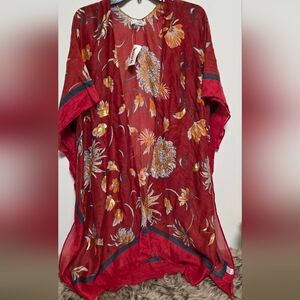 Woven Kimono Cover Up Scarf Top Floral Copper Tones One Size